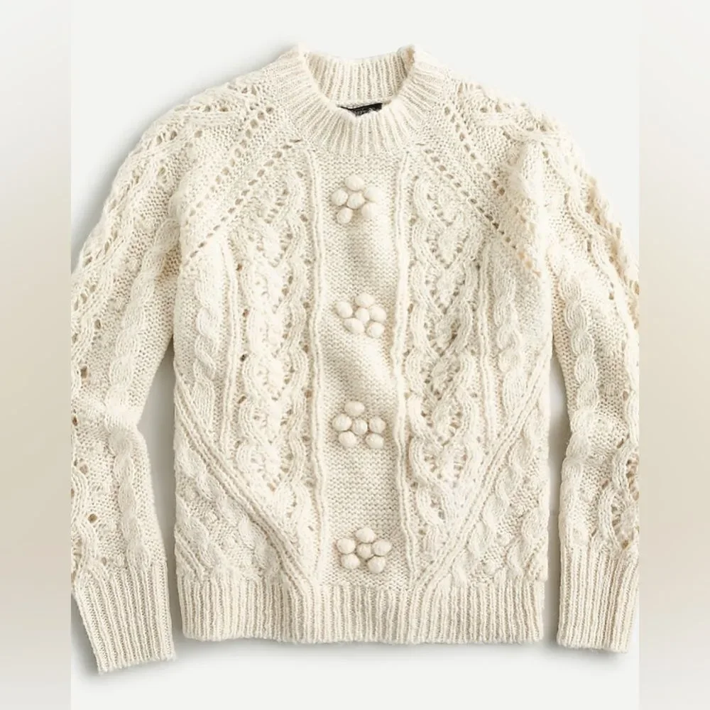 J. Crew Cable-knit Pointelle Sweater with Popcorn Flowers in Warm Ivory S NWT
